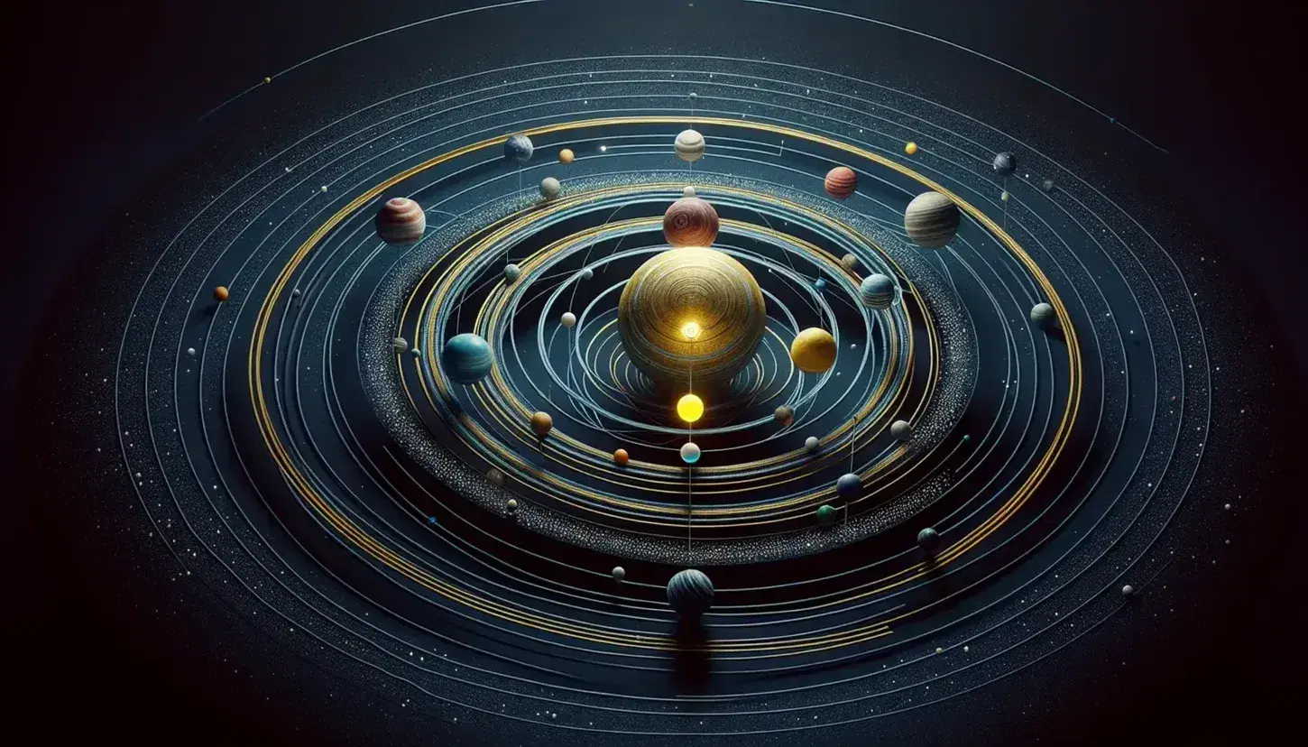 Modelo geocéntrico de Ptolomeo con la Tierra dorada en el centro, rodeada por anillos celestes y esferas planetarias coloridas sobre fondo negro.