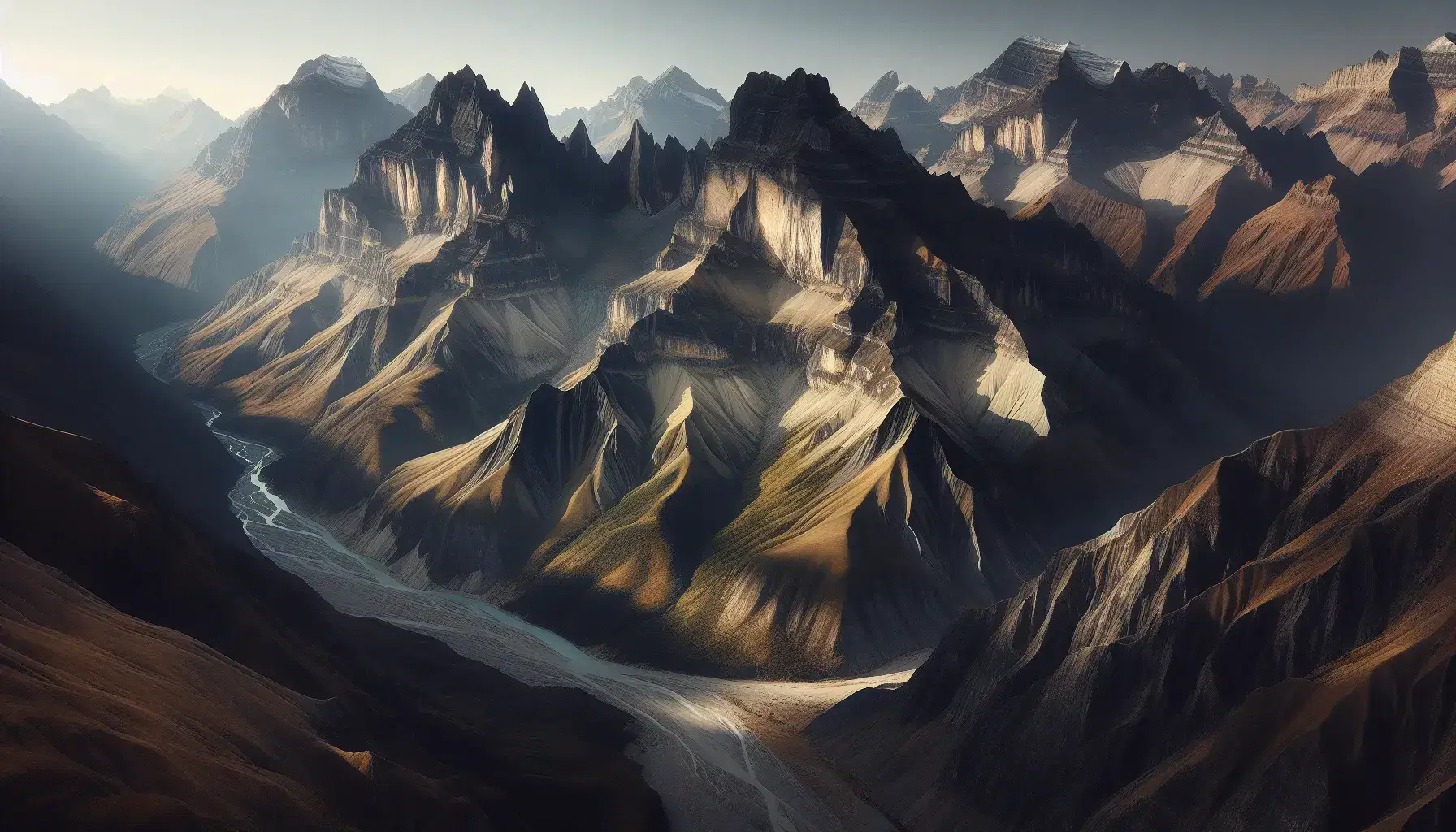 Vista aérea de una cadena montañosa con picos altos y valles profundos, río serpenteante azul claro y capas de roca expuestas en tonos beige a grises.