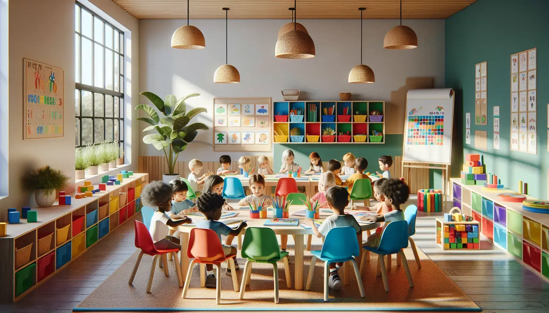 Aula colorida con niños de diversas etnias concentrados en libros y papeles, rodeando mesa redonda con sillas multicolores, estantería con bloques educativos y planta verde al lado.