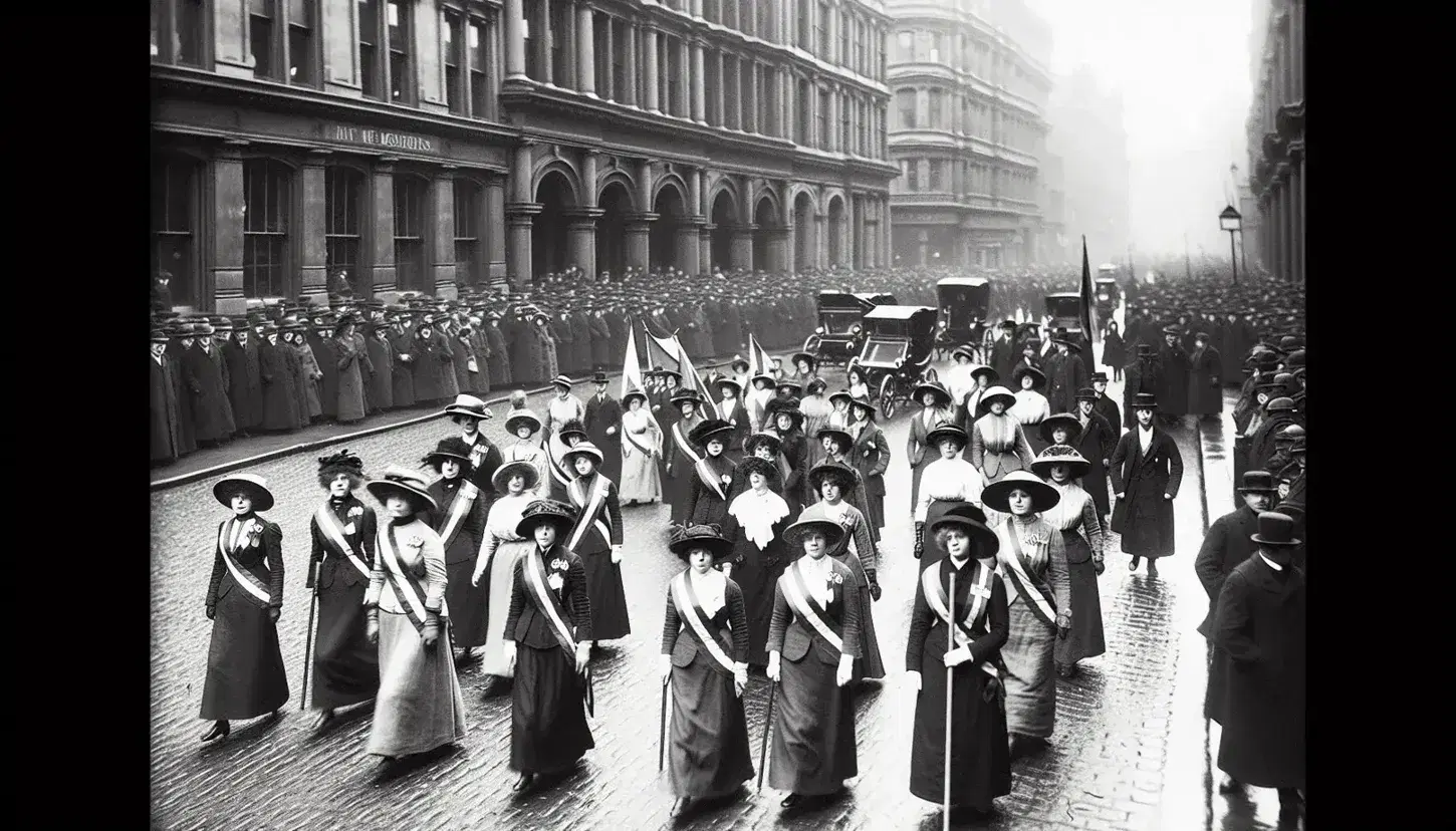 Women marching for women's suffrage in period dress, with wide-brimmed hats and banners, on cobbled street, carriage in background.