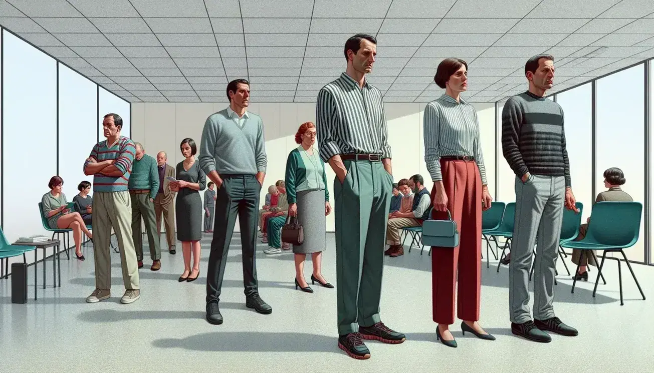 Personas esperando en fila en una sala de un centro de salud con paredes beige, sillas azules y mostrador de recepción al fondo.