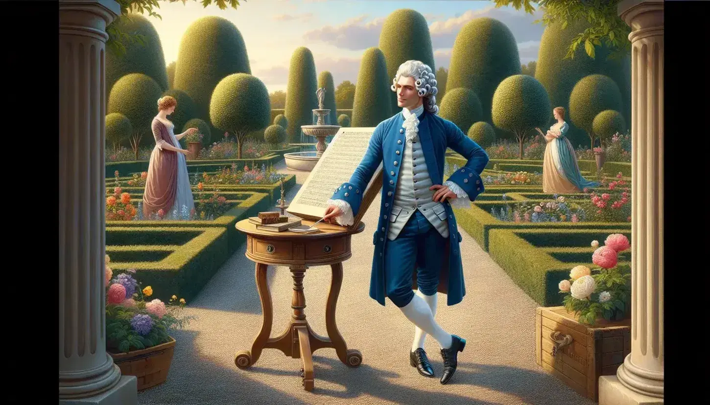 18th-century Enlightenment scene with a thoughtful man in blue coat by a book on a table, set in a garden with a fountain and a group in discussion.