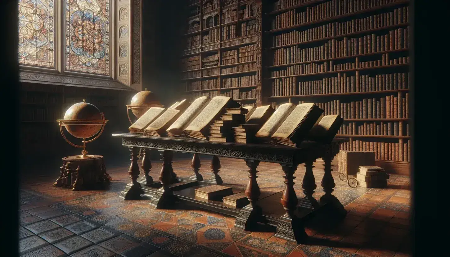 Biblioteca antigua con mesa de madera oscura, libros abiertos en atriles, estantes repletos, esfera armilar dorada y globo terráqueo, bajo luz de vitral geométrico.