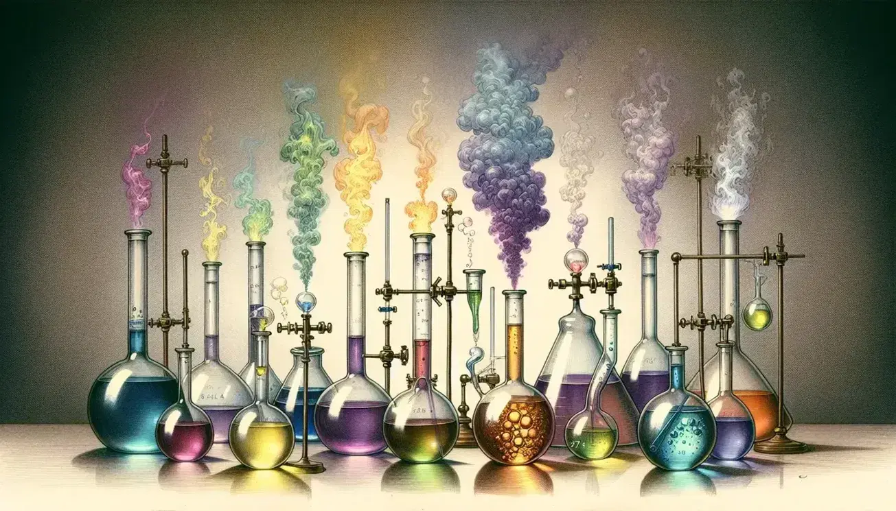 Laboratory with glass flasks containing colored liquids and vapors: purple for iodine, brown for bromine, yellow-green for chlorine, yellow for fluorine.