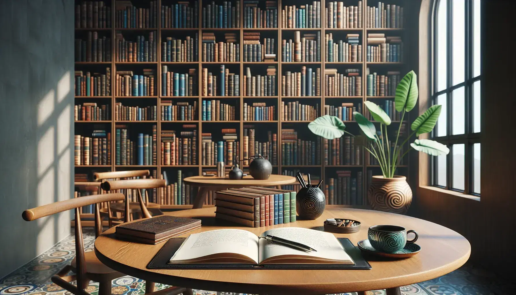 Biblioteca acogedora con estantes de madera oscura repletos de libros coloridos, mesa con cuaderno abierto y taza de café, luz natural y planta verde.