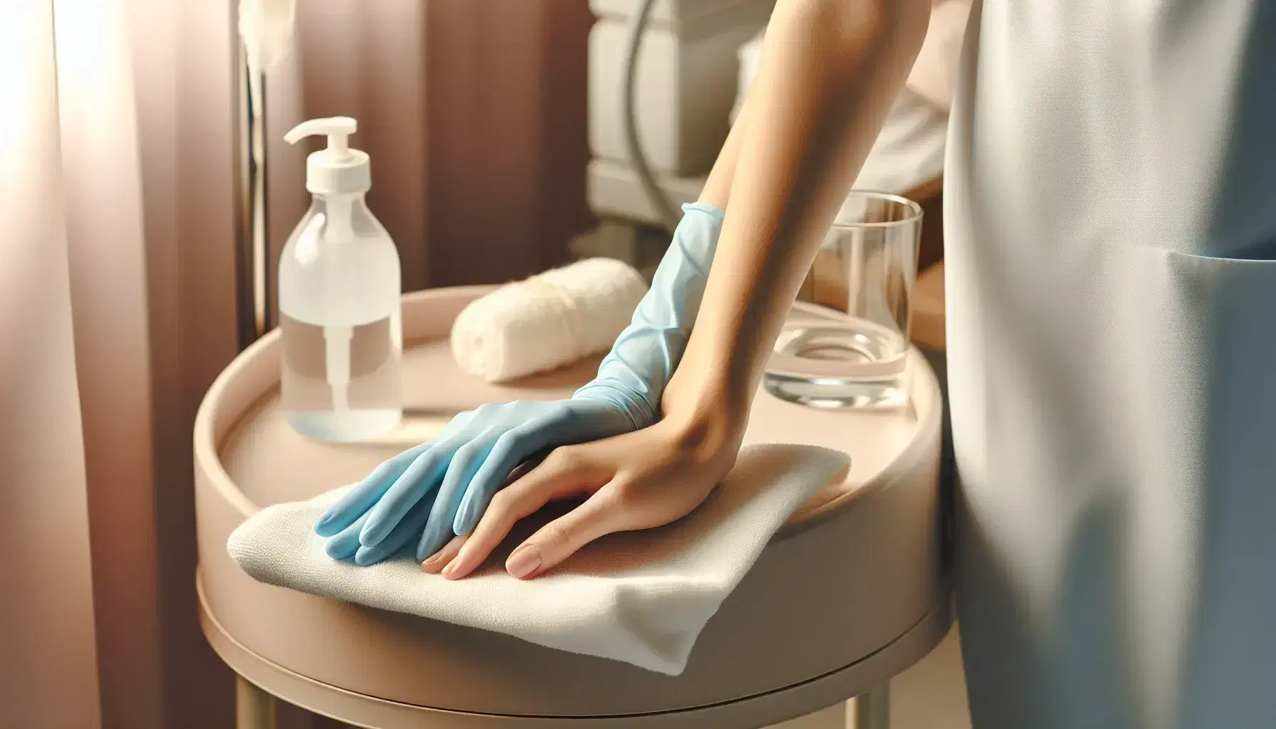 Manos de enfermera con guantes de látex azules sujetando con cuidado la mano de un paciente sobre una superficie blanca, en un entorno clínico tranquilo.
