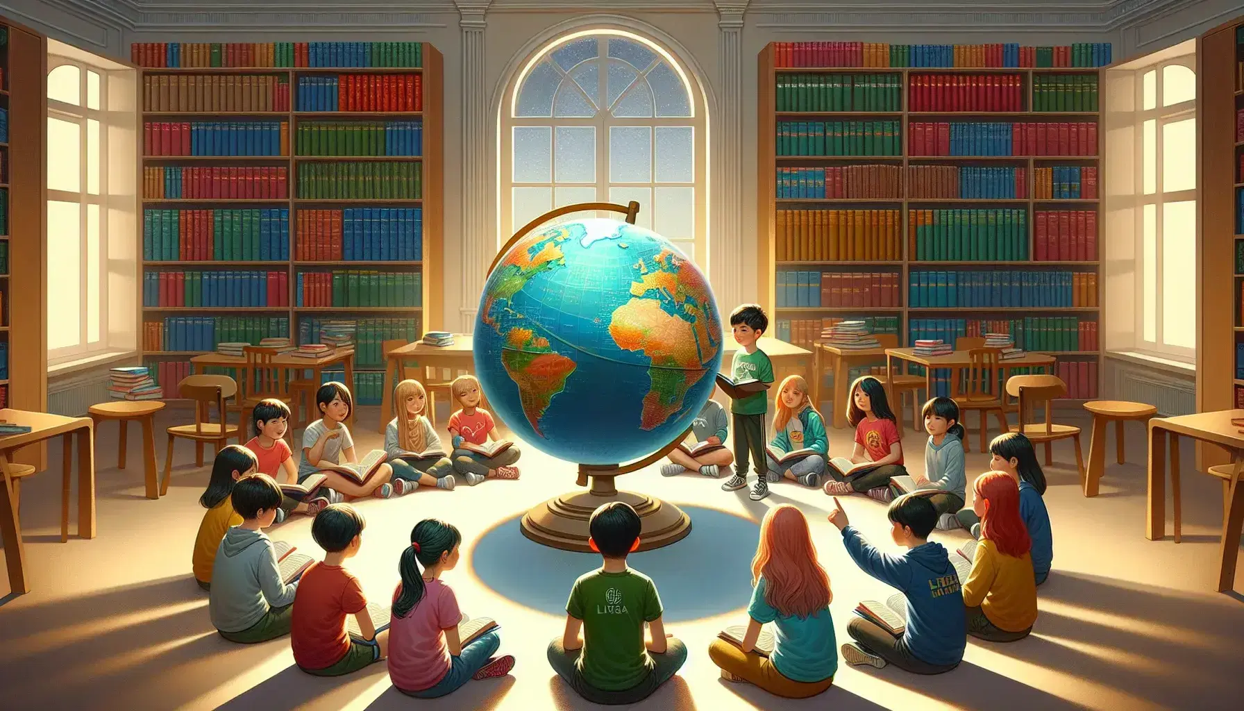 Estudiantes diversos sentados en semicírculo en biblioteca observan globo terráqueo, con estanterías de libros coloridos y luz natural entrando por ventana.