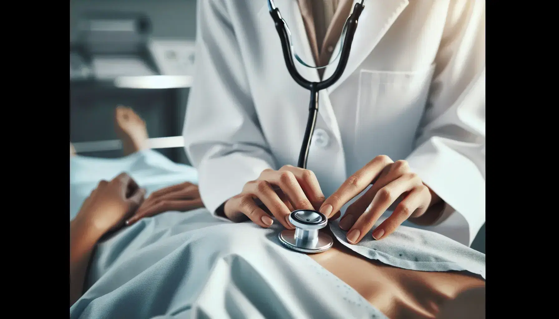 Manos de enfermera con bata blanca usando estetoscopio en pecho de paciente en camilla con bata hospitalaria azul en entorno clínico.