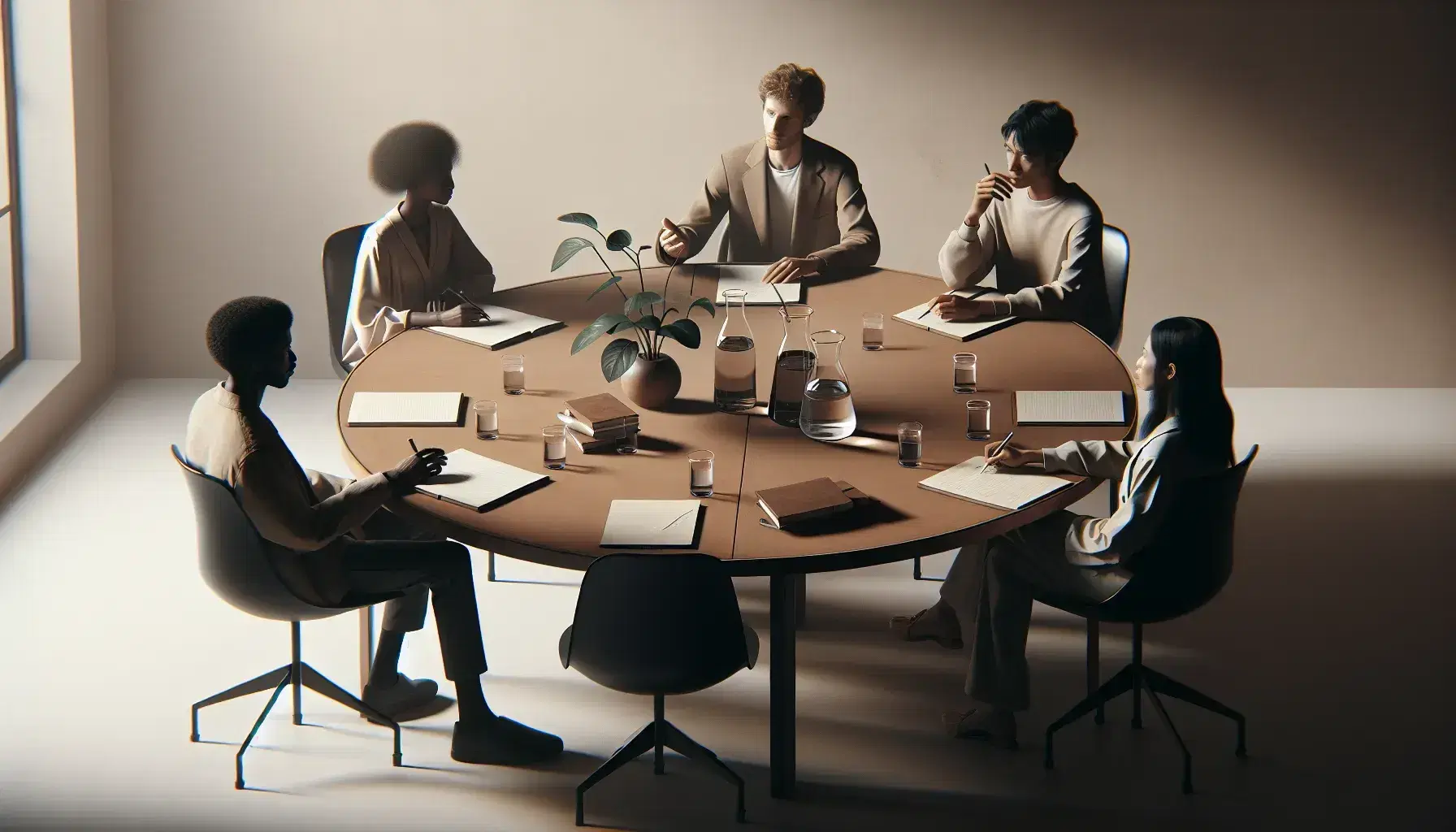 Round wooden table with five different people discussing, black chairs, beaker, pen, books, plant and cup in serene environment.