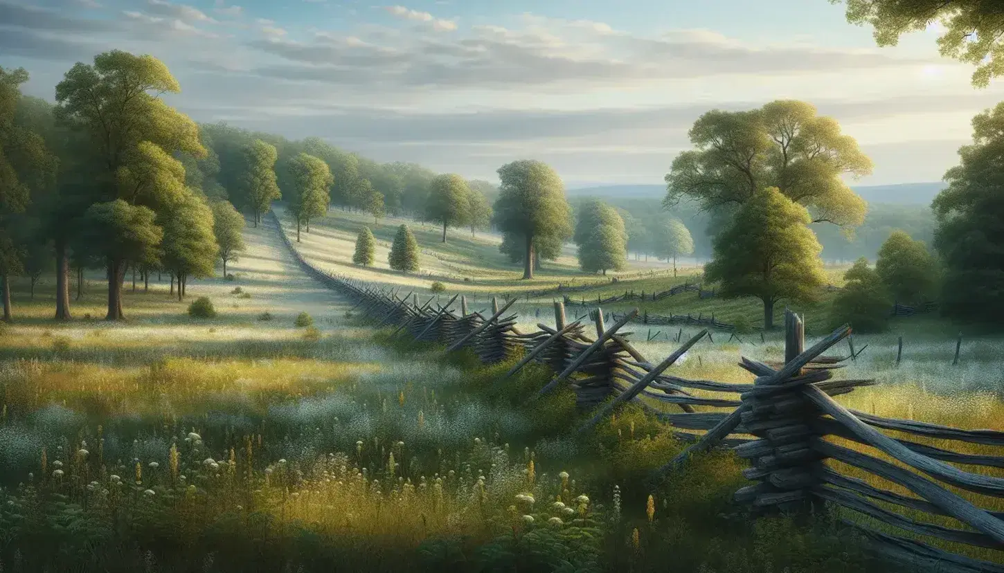 Serene Fredericksburg battlefield landscape with a weathered split-rail fence, rolling hills, diverse trees, and a clear blue sky.