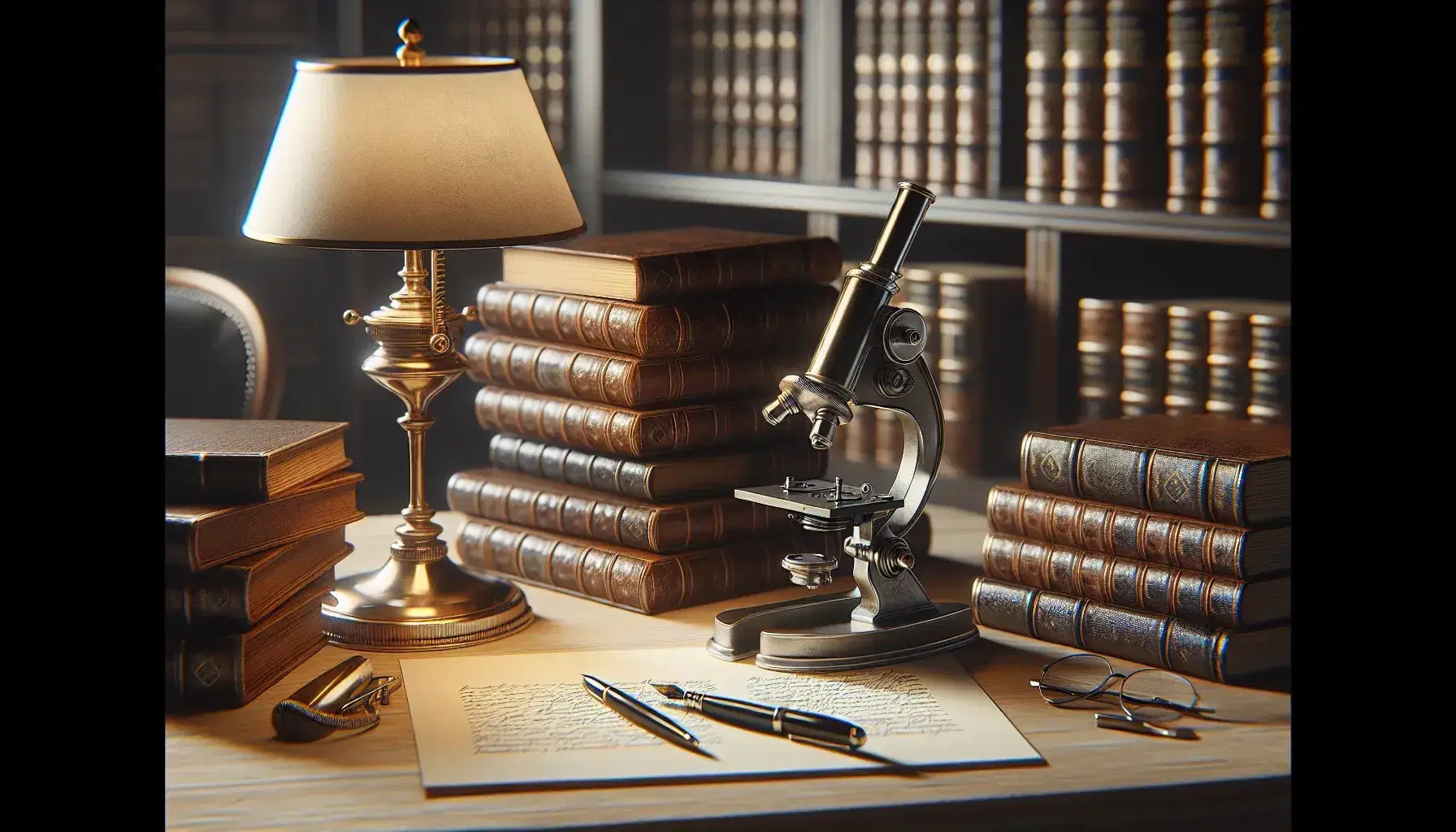 Scrivania in legno chiaro con microscopio antico, pila di libri in pelle, lampada in ottone e penna stilografica, sfondo di scaffali con libri.