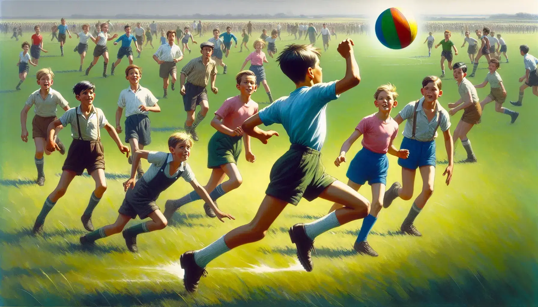 Niños jugando con pelota en campo de hierba, actividad deportiva al aire libre en día soleado.