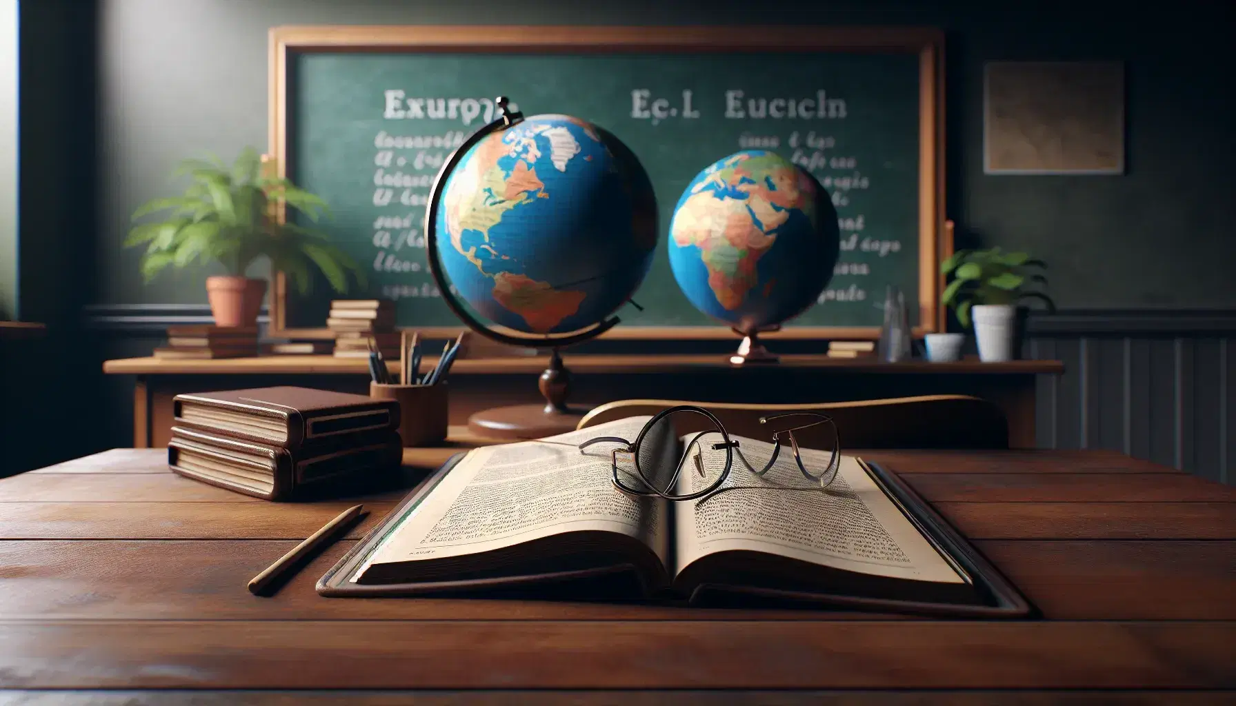French language classroom with teacher's desk, open textbook, round eyeglasses, chalkboard, globe highlighting France, and potted plant, in a serene setting.
