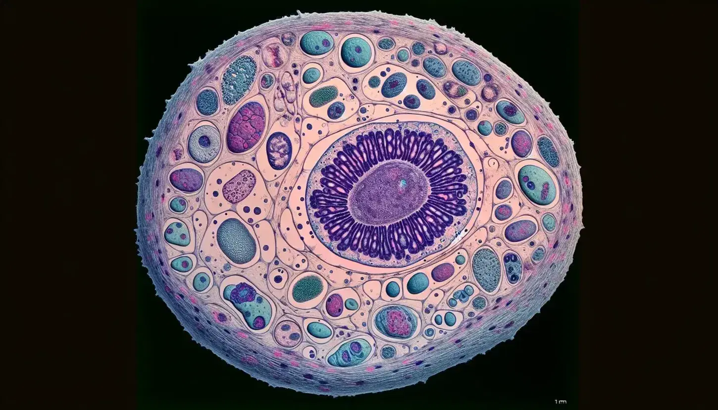 Cellula eucariotica al microscopio ottico con nucleo in evidenza, citoplasma rosa e organelli in sfumature di blu e verde.