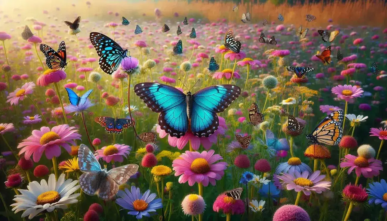 Mariposas en un campo de flores silvestres, destacando una con alas azules y negras sobre flor rosa, rodeada de diversidad de especies y colores.