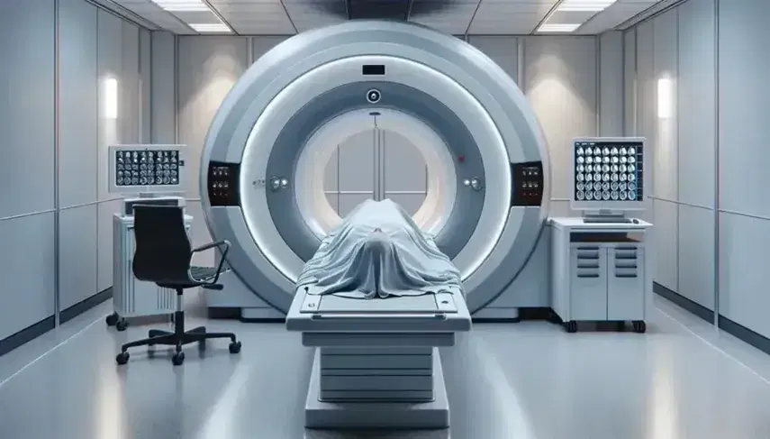 Sala de resonancia magnética con máquina central y camilla, figura humana recostada y monitor mostrando imágenes cerebrales en un entorno clínico.