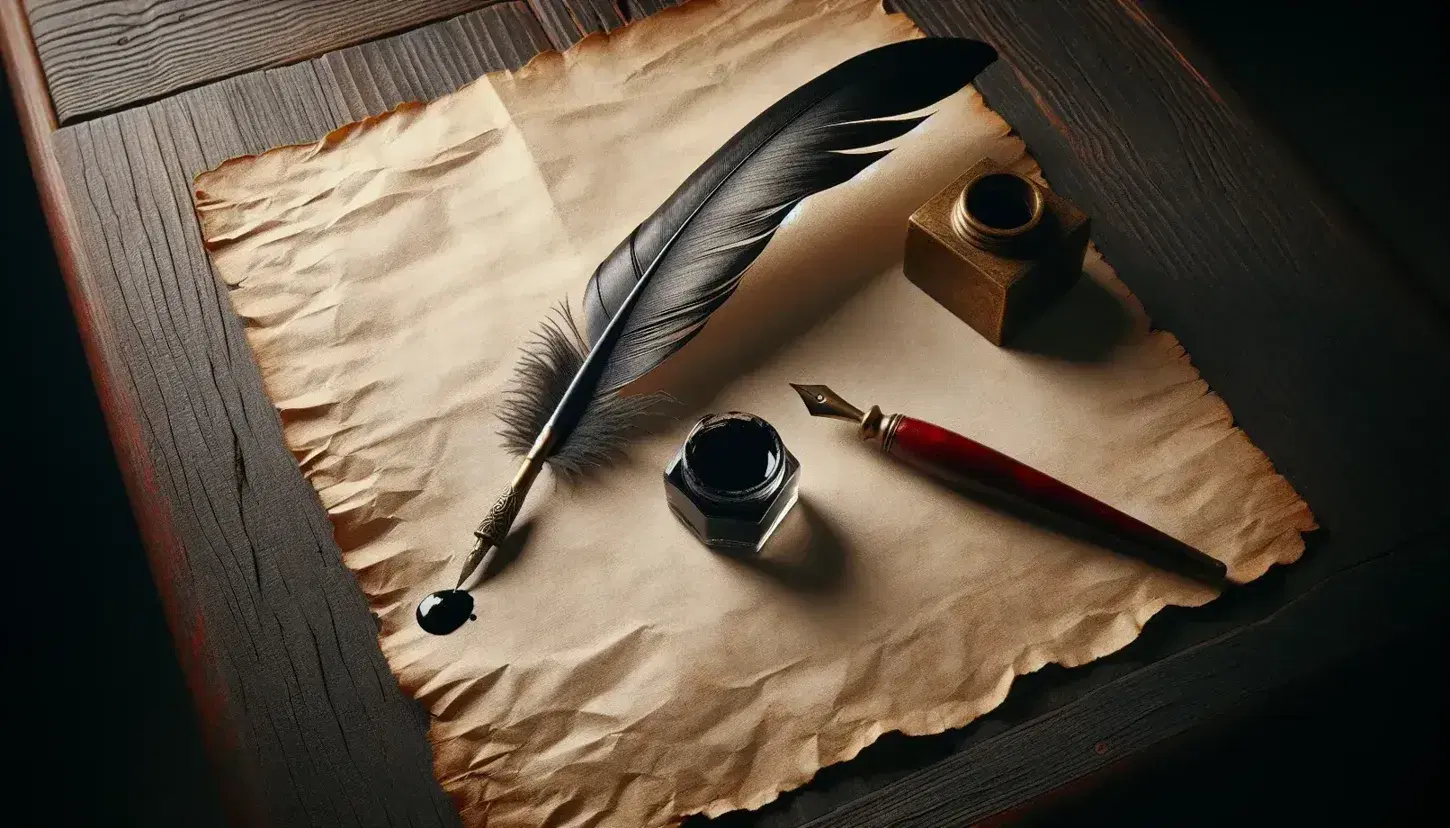 Quill pen on aged parchment with a brass inkwell and a single red rose on a dark wooden table, evoking a vintage writing scene.