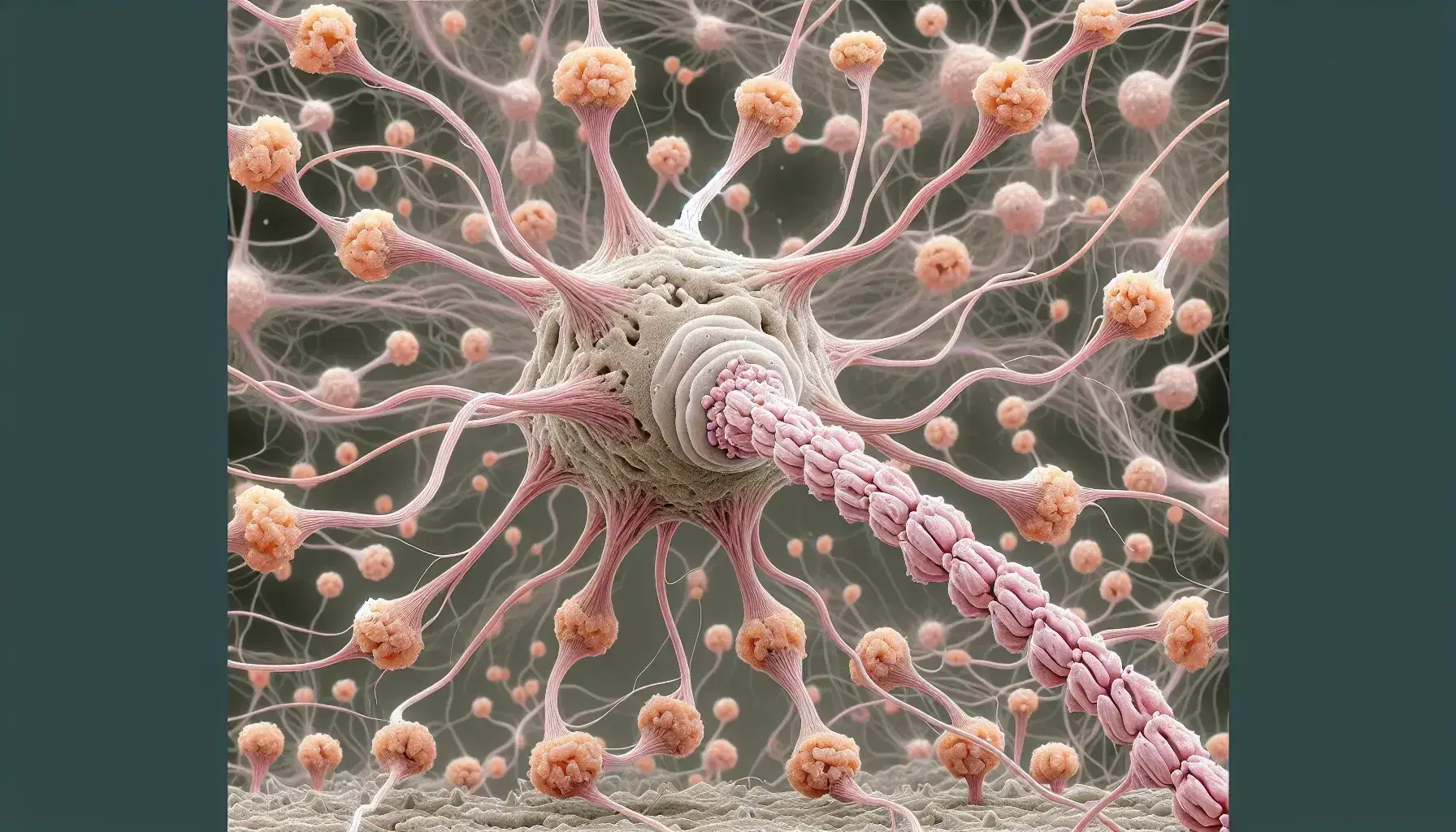 Vista microscópica de neuronas interconectadas con dendritas, axón con mielina y células gliales en tonos suaves de rosa, blanco y amarillo.