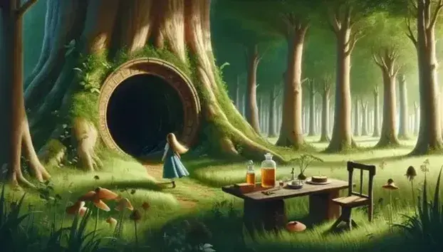 Ragazza bionda in abito blu osserva curiosa un'apertura circolare su albero in foresta rigogliosa, con tavolo rustico, torta e pozione.