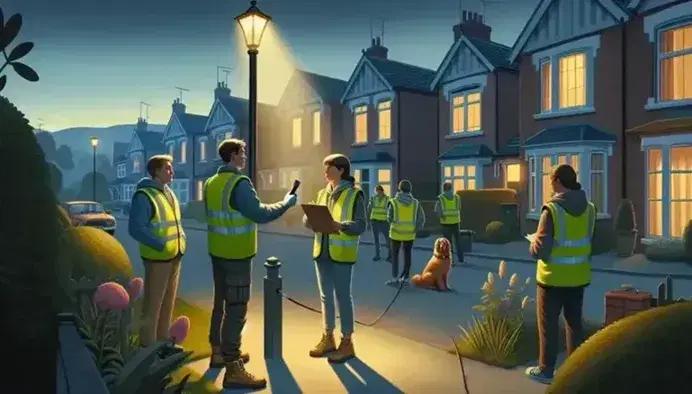 Neighborhood watch team in reflective vests with flashlight and clipboard on duty at dusk, engaging in community safety on a peaceful suburban street.