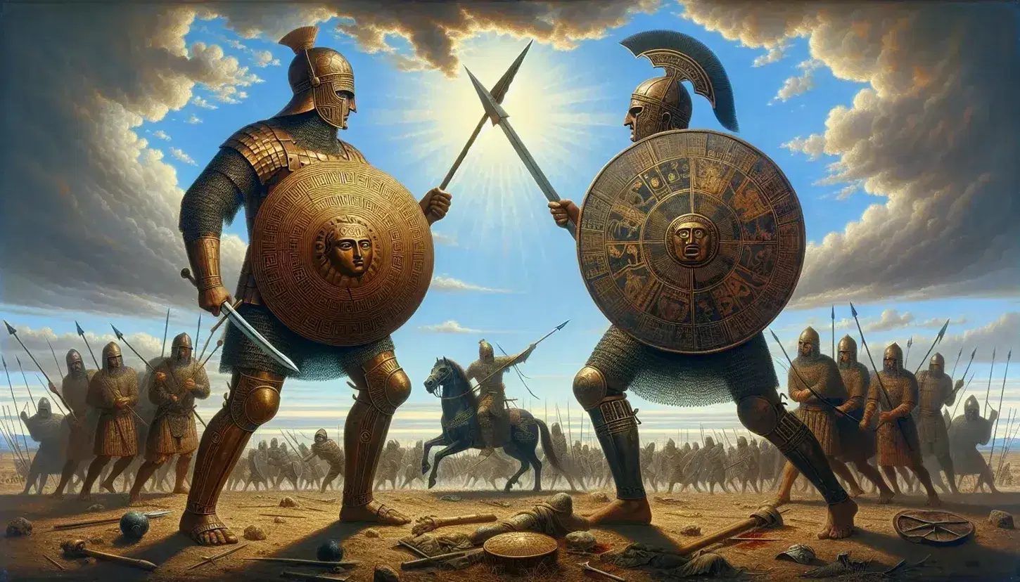 Due guerrieri in armatura si fronteggiano in battaglia antica, uno con scudo a motivi geometrici, l'altro con aquila, sotto un cielo azzurro.