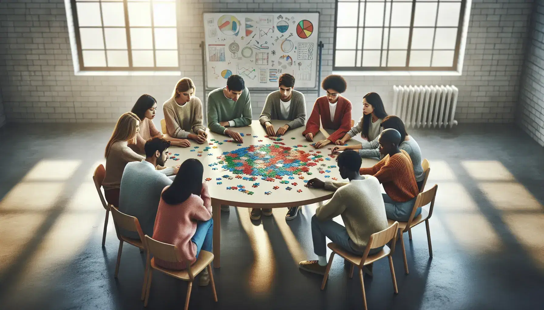 Grupo diverso de seis estudiantes colaborando en un rompecabezas tridimensional colorido en una mesa redonda bajo luz natural.