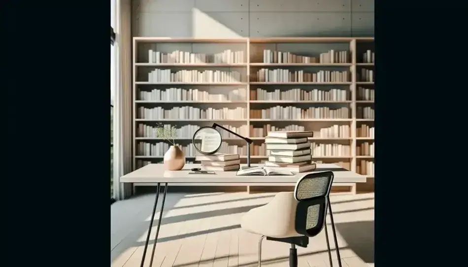 Biblioteca moderna y luminosa con estanterías de madera y libros variados, mesa de estudio con libros abiertos, lupa y planta, silla ergonómica y suelo laminado.