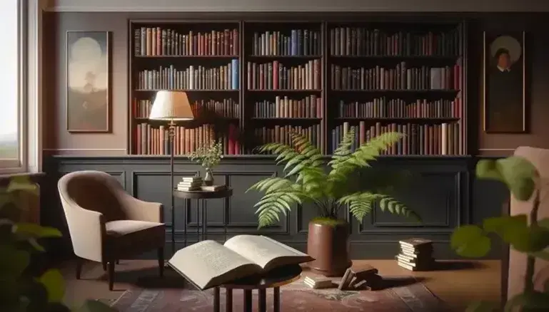Serene library setting with poetry books on semi-circular shelves, a cozy armchair by a lamp, and a potted fern, inviting peaceful reading.