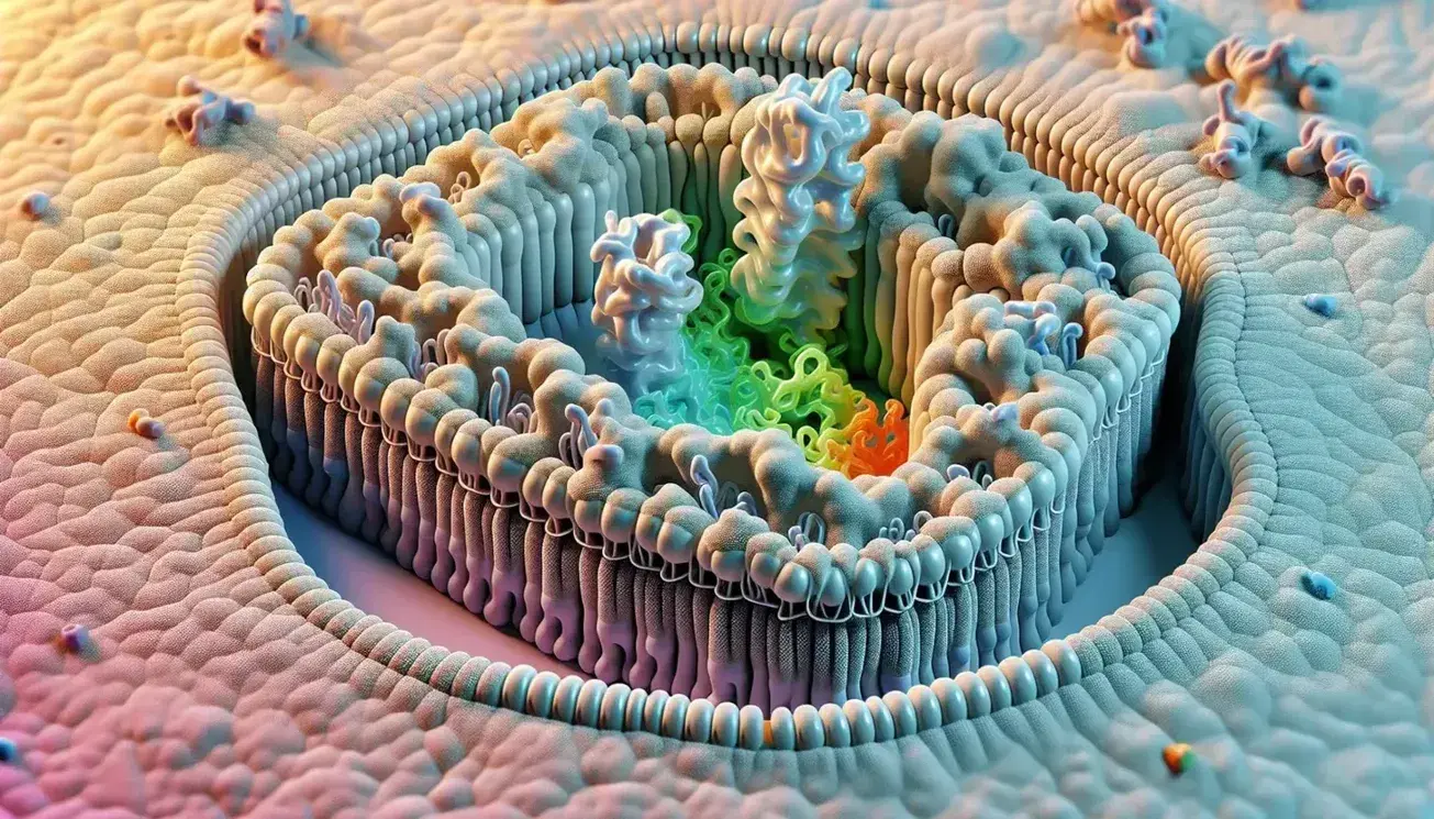 Detailed model of a cellular membrane featuring a phospholipid bilayer with embedded proteins including pumps and channels in various colors.