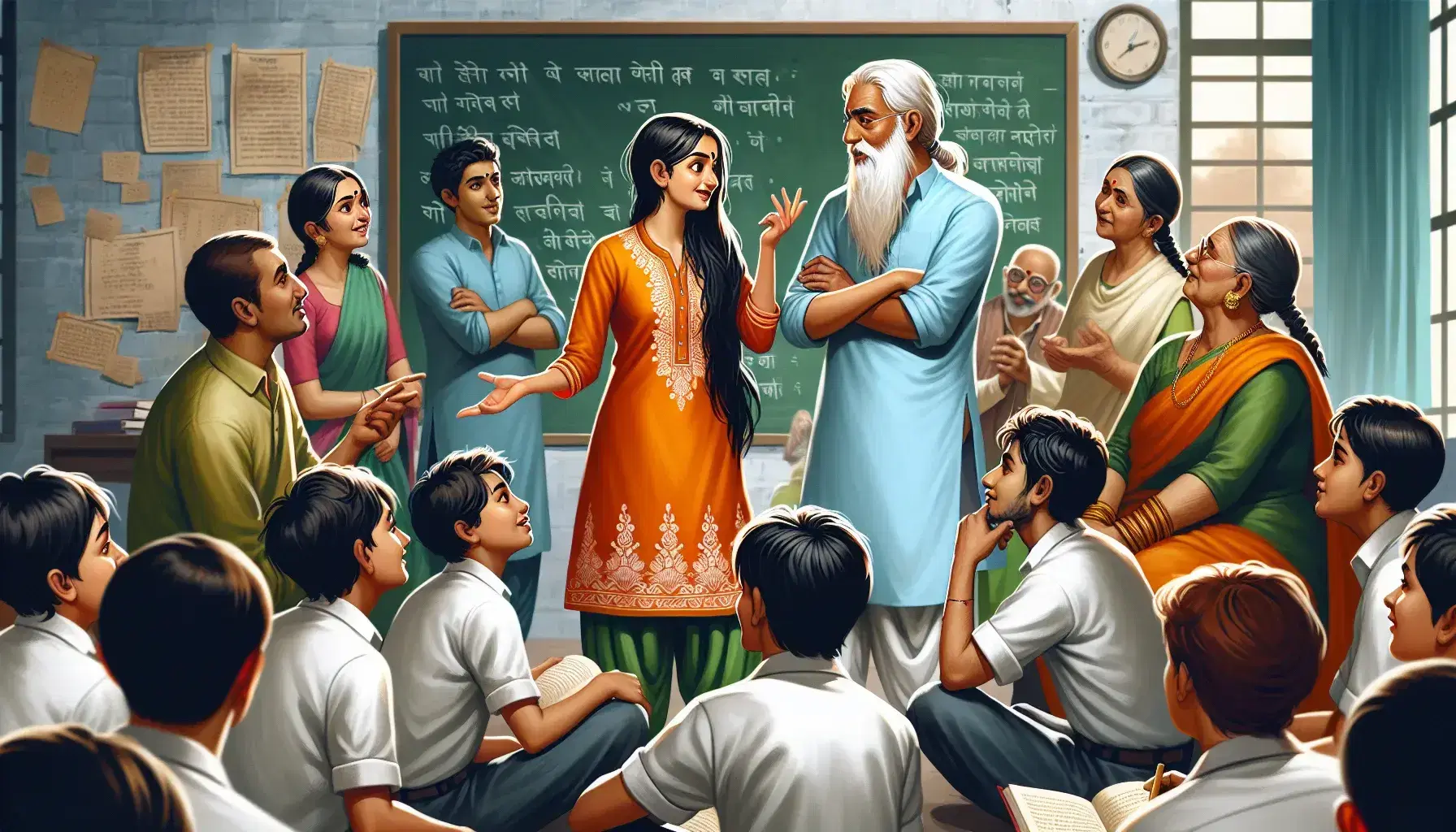 Diverse Indian group engaged in discussion, with a woman in orange kurta gesturing, an older man nodding, a young man smiling, children around a book, and a woman by a chalkboard under a tree.