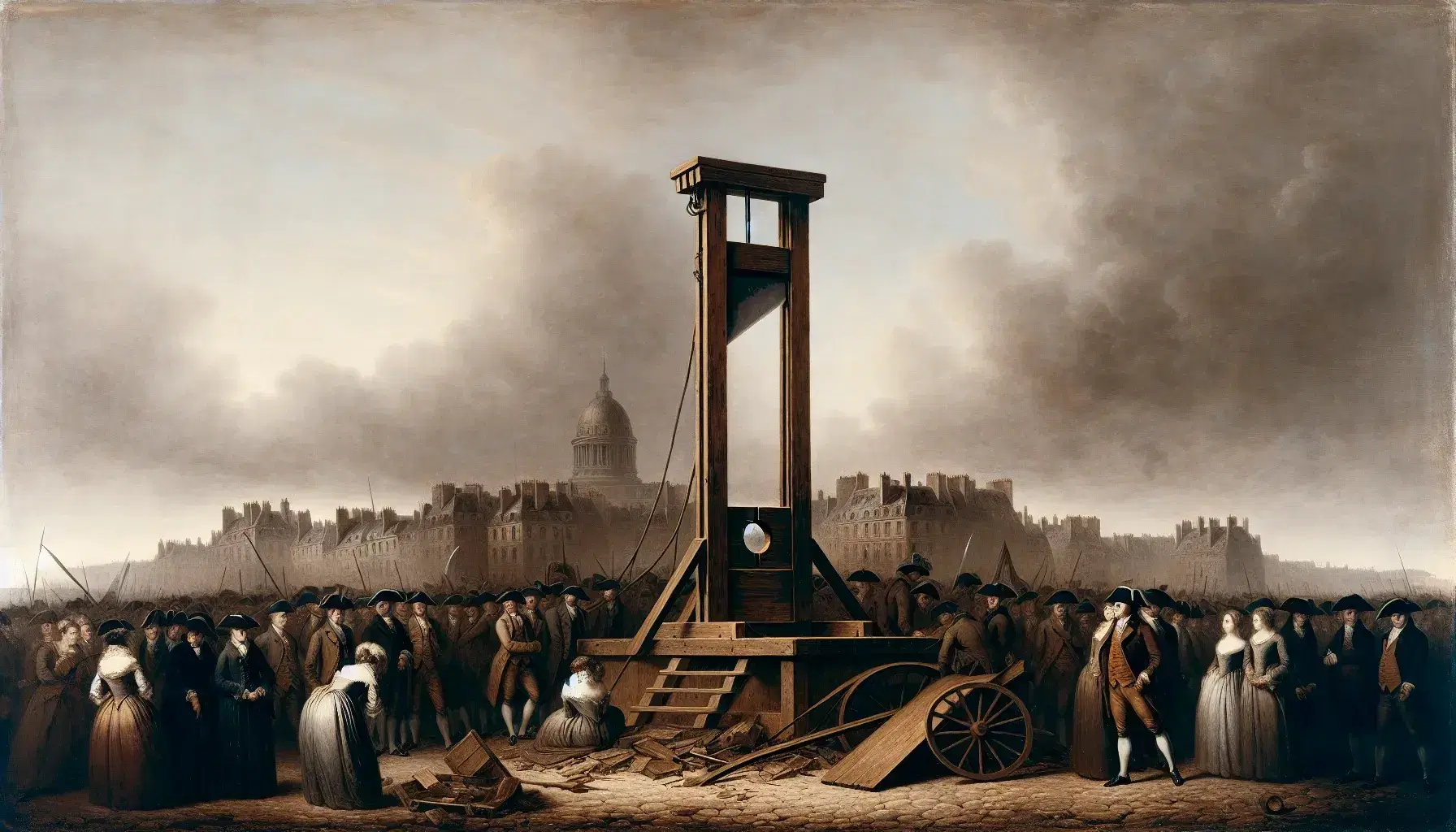Guillotine poised for execution against a somber Parisian backdrop, reflecting the French Revolution's grim atmosphere, with a gathered crowd in period attire.