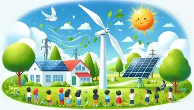 Energia rinnovabile rappresentata da una turbina eolica, pannello solare, casa collegata e bambini osservanti su sfondo cielo azzurro.