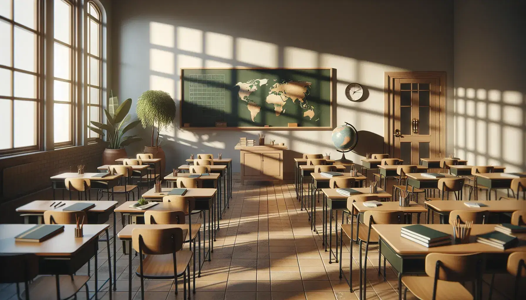 Aula vacía con luz natural, filas de pupitres de madera y sillas a juego, pizarra verde limpia al frente, globo terráqueo y planta en maceta.