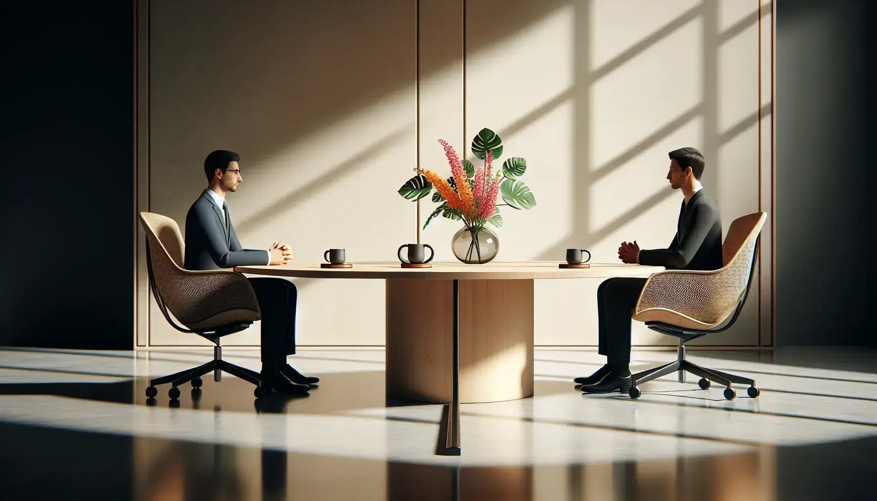 Oficina moderna y luminosa con mesa de madera, sillas ergonómicas y dos personas en traje conversando, tazas de café y flores coloridas sobre la mesa.
