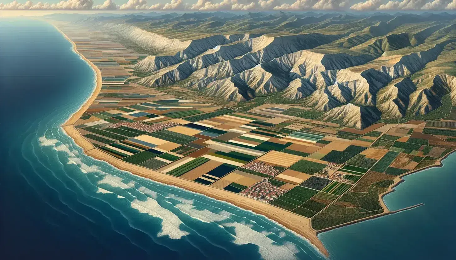 Veduta aerea di paesaggio spagnolo con spiaggia dorata, campi coltivati, alberi, montagne innevate e piccolo paese.
