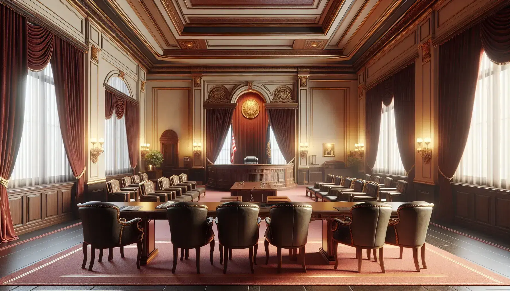 Sala de tribunal vacía con mesa de madera oscura, sillas de cuero marrón, estrado con silla ornamentada y bandera nacional, sin elementos modernos.