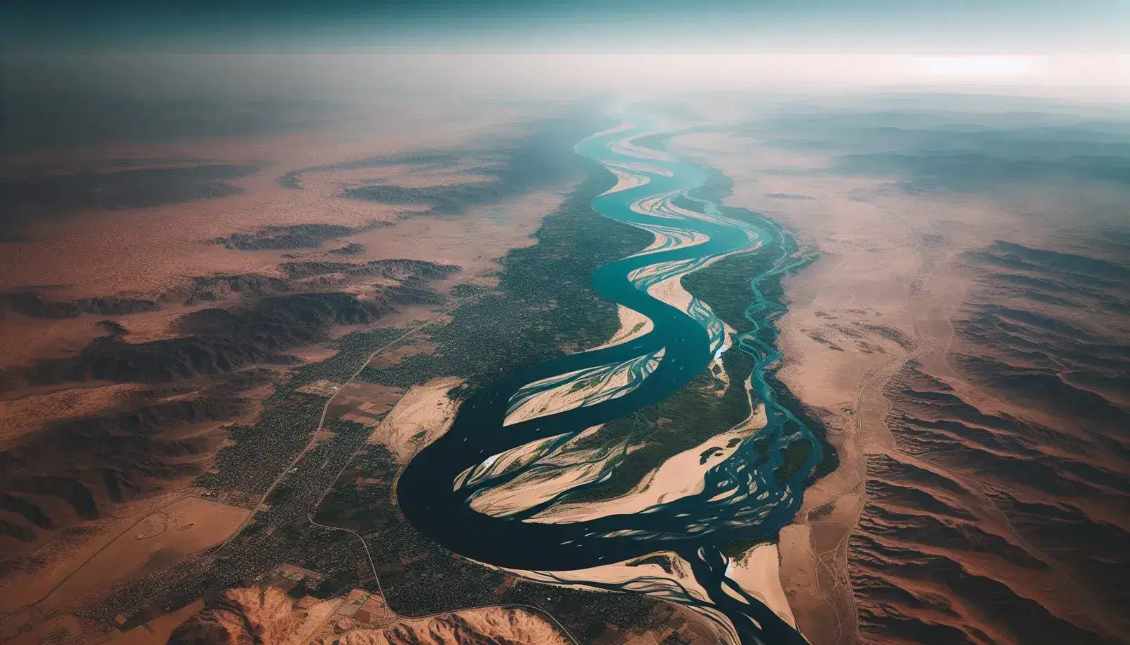 Vista aerea del fiume Nilo che serpeggia nell'arido paesaggio egiziano, con rive verdi e insediamenti sparsi.