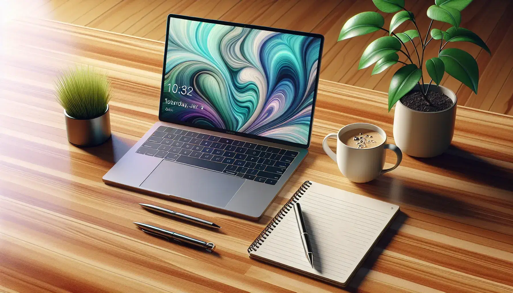 Wooden desk with turned on modern laptop, cup of steaming coffee, green plant and notepad with pen, in cozy environment.