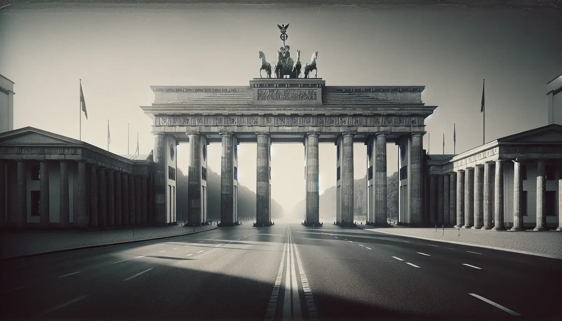 Porta di Brandeburgo a Berlino in foto bianco e nero degli anni '30, struttura con colonne doriche e strada deserta, ombre morbide indicano giorno.