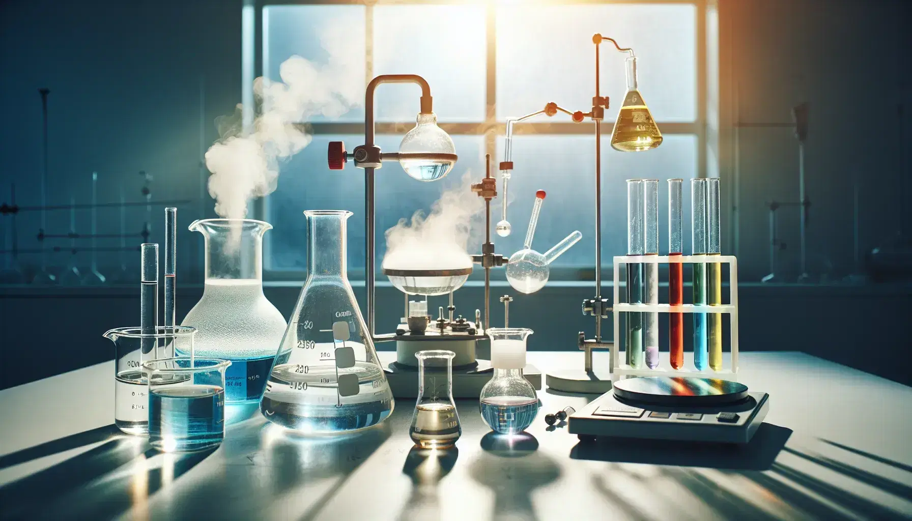 Laboratorio chimico con becher, cilindro graduato con liquido blu, piastra riscaldante per distillazione, bilancia analitica e provette colorate.