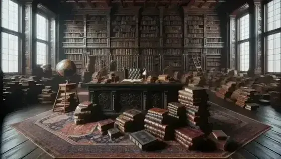 Biblioteca antica con scrivania in legno, libri impilati, mappamondo e scaffali colmi di volumi sotto luce naturale e lampada.