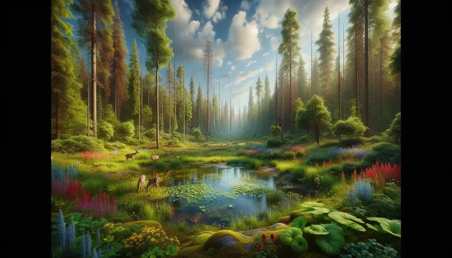Bosque frondoso con estanque cristalino rodeado de flores silvestres y tres ciervos bebiendo agua, reflejando la vegetación y el cielo azul.