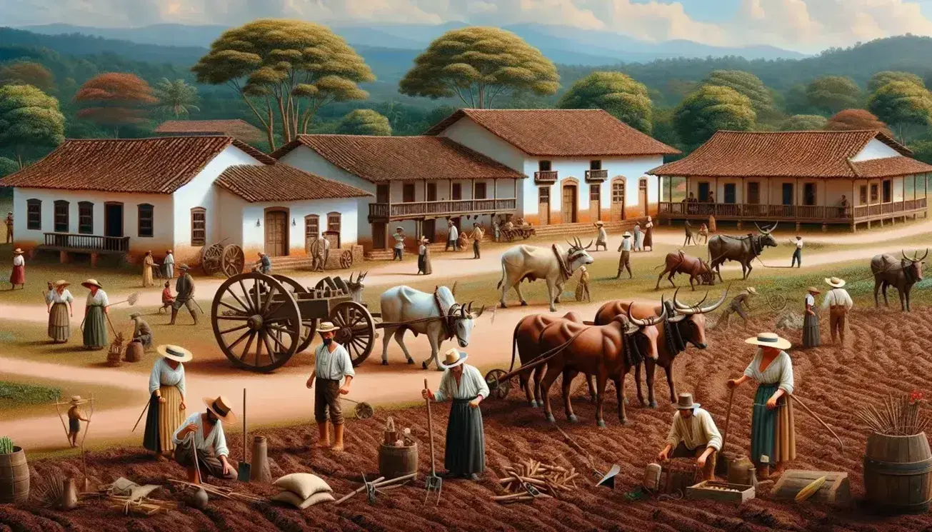 Paisaje rural de la colonización antioqueña del siglo XIX con personas en atuendos de época trabajando la tierra, carreta de bueyes y casas coloniales.