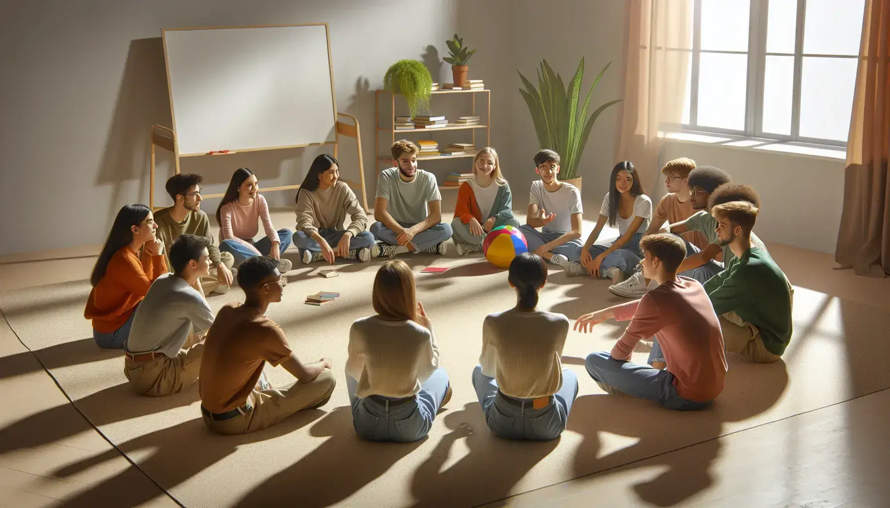 Grupo diverso de estudiantes sentados en círculo en el suelo de un aula, interactuando y sonriendo, con una pizarra al fondo y luz natural entrando por la ventana.
