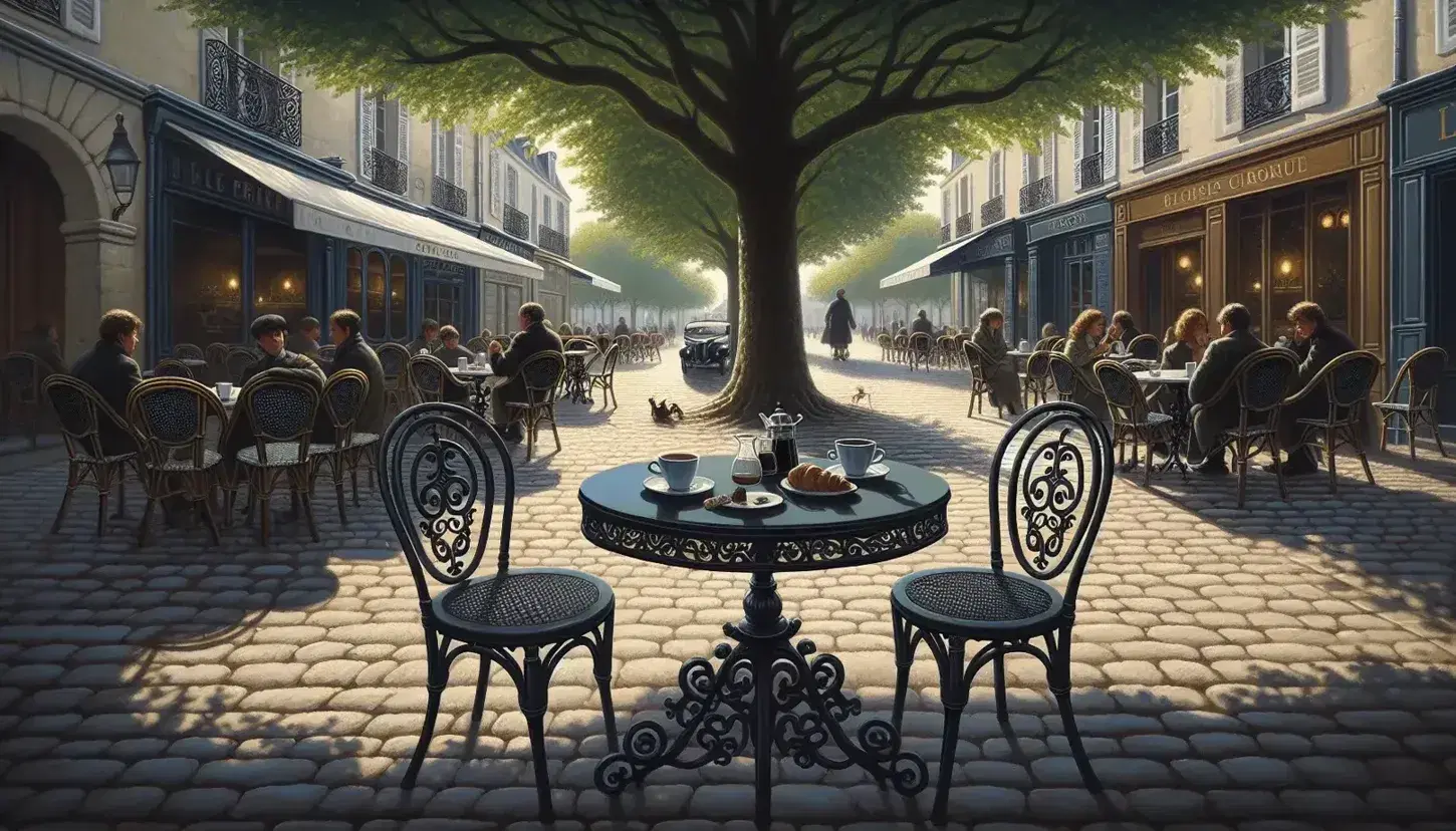 Serene French café scene with wrought iron furniture, empty glass cups on a table, patrons in casual wear, and classic architecture under a clear sky.