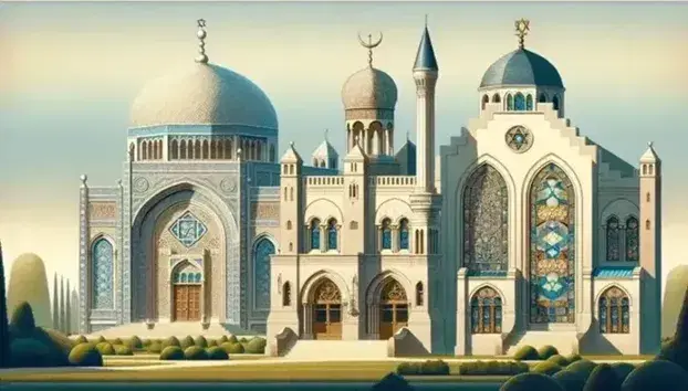 Religious architecture with a mosque with a slender minaret, a church with a stained glass window and a synagogue with a Star of David, united by a green lawn.