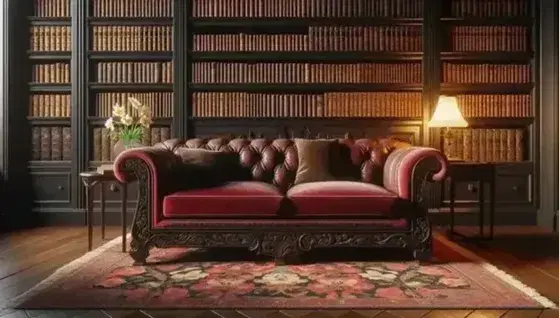 Divano velluto rosso scuro con intagli in legno e tappeto persiano, libreria piena di libri rilegati e lampada in ottone, tavolino con vaso di fiori.