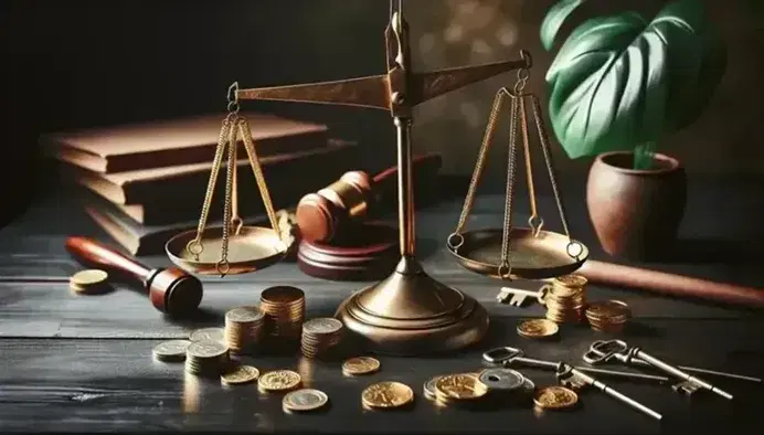 Balanza de justicia de bronce equilibrada en mesa de madera oscura, con monedas de oro a la izquierda y llaves metálicas a la derecha, planta verde al fondo.