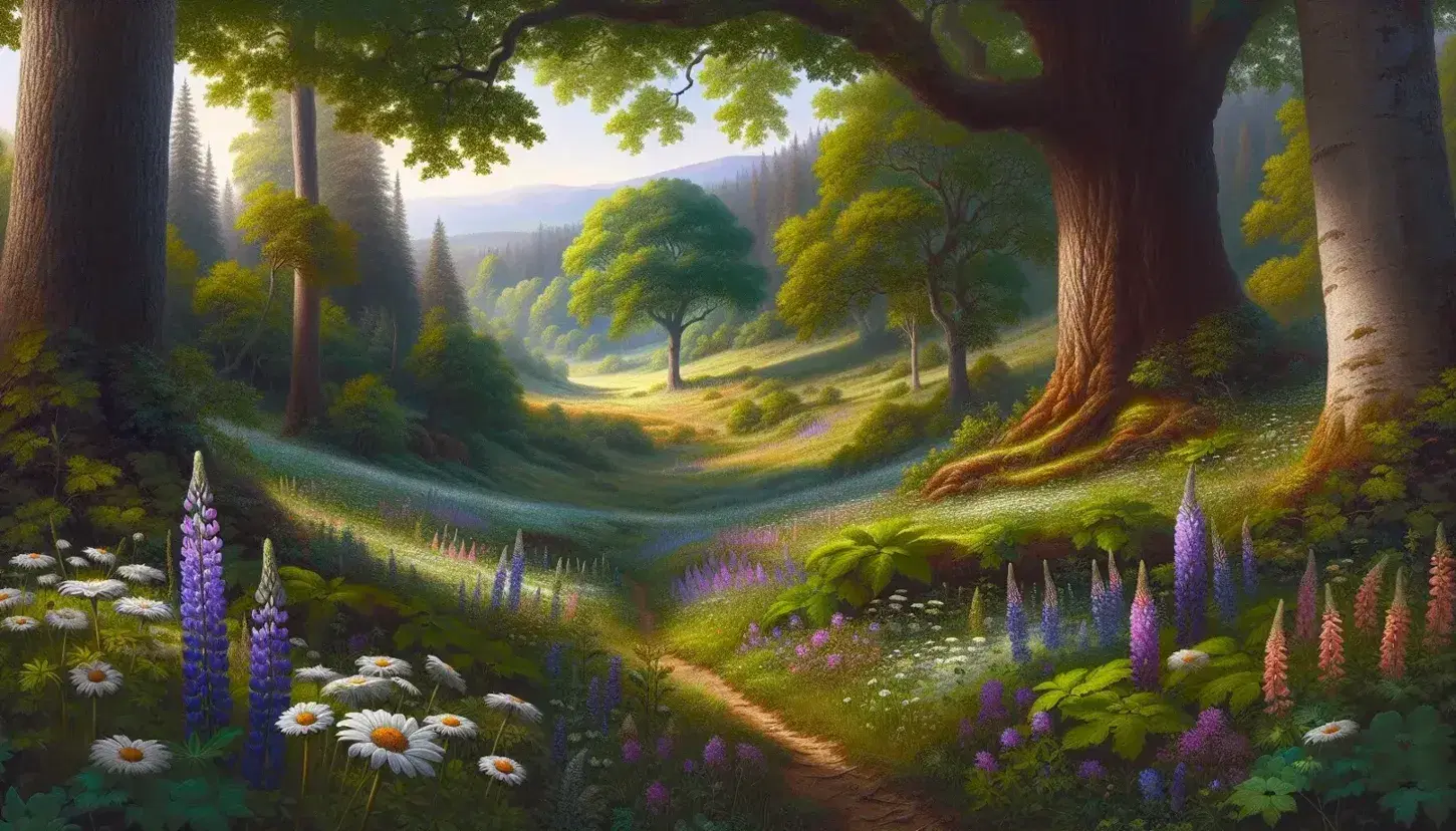 Serene natural landscape with a meadow of wildflowers, a sunlit forest, and a solitary oak tree on a hill under a clear blue sky.