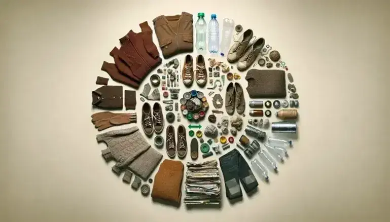 Ciclo di riciclo e riuso: scarpe rimesse a nuovo, vaso di vetro riparato, maglione rattoppato, giornali piegati, bottiglie di plastica e lattine di alluminio compresse.